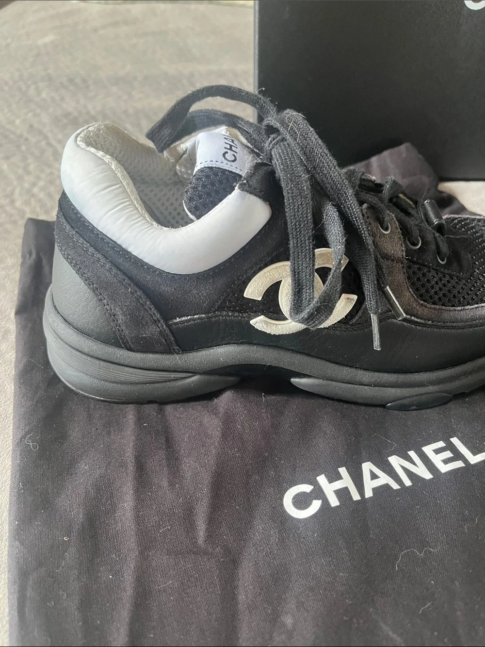 CHANEL Black Mesh and Leather Men's Sneakers